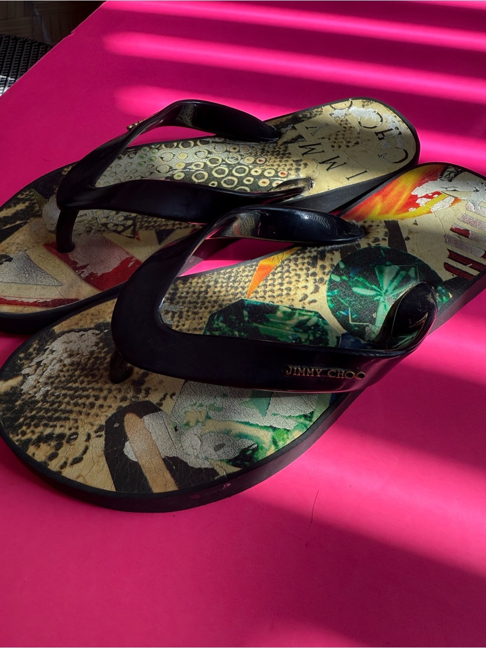 Jimmy Choo Black Patent Flip Flop Sandals with Printed Footbed-vintage 2009